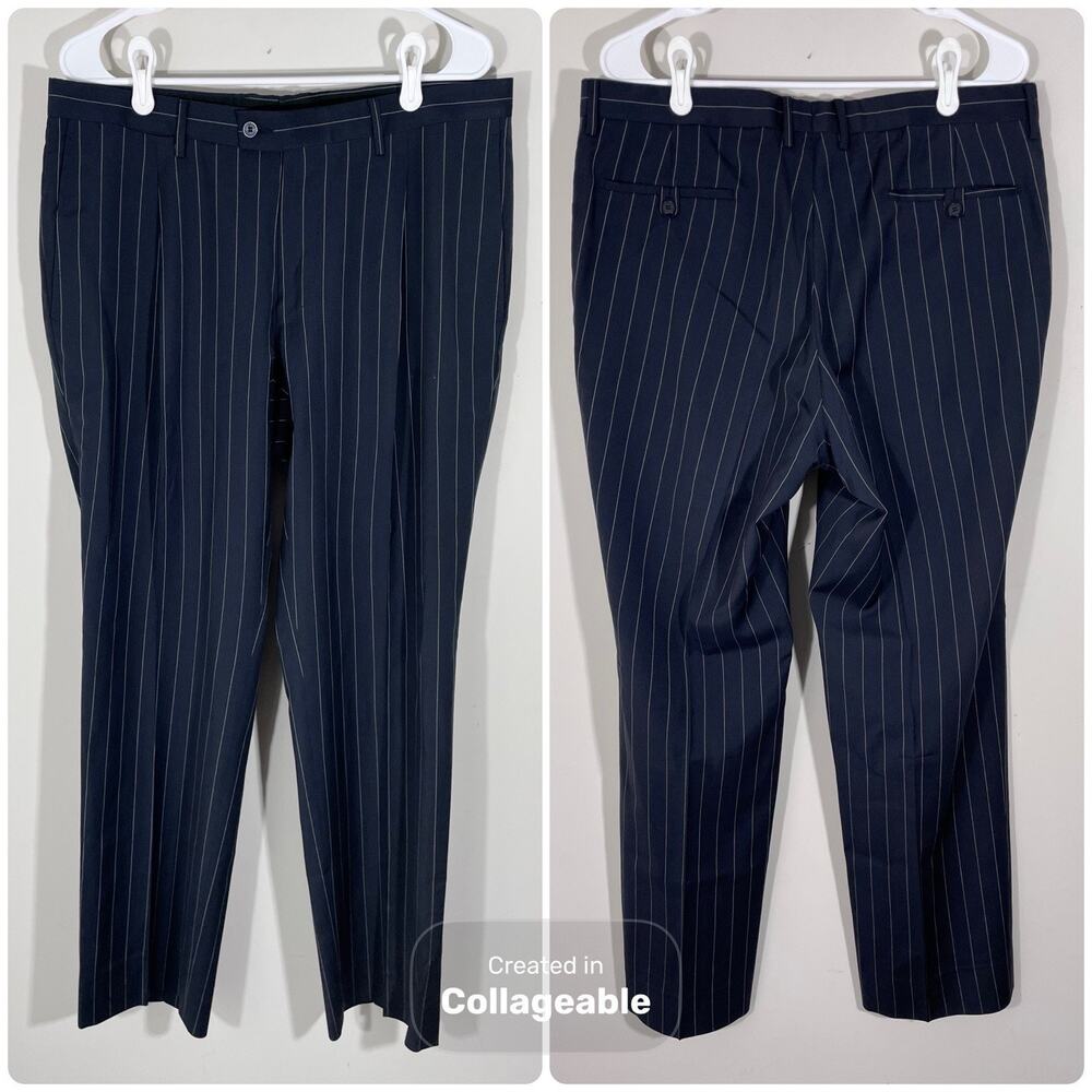 Versace Classic Wool Pleated Pinstripe Pants Size 34 X 31 Midnight Navy Blue